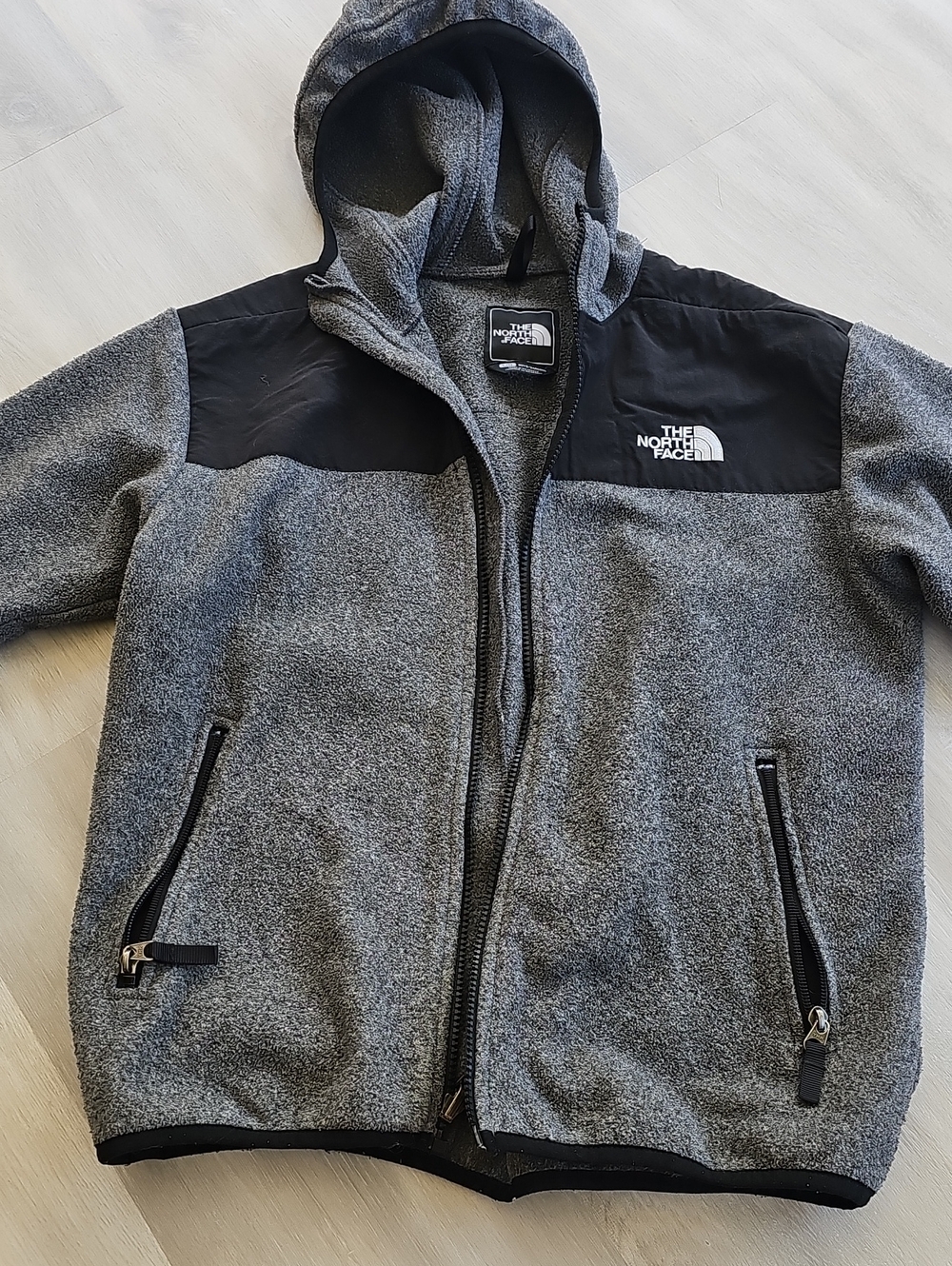 North Face Grey and Black Hooded Fleece Jacket Youth Size Large (10-12)